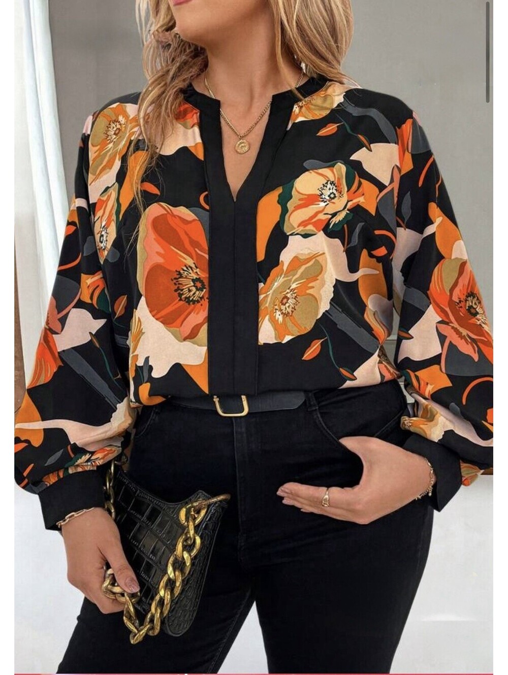Shein Curve Black & Orange Floral Print Long Sleeve V-Neck Blouse Plus Sz 2X
